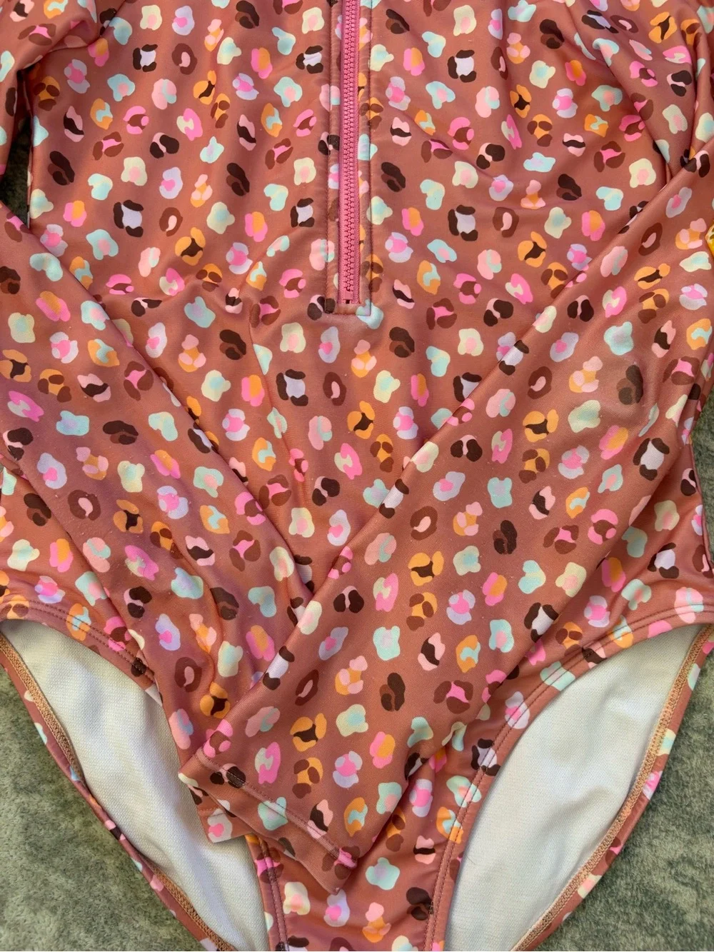 Girl’s Long Sleeve One-Piece Swimsuit Set of 2 Pink & Yellow Floral L (10/12)